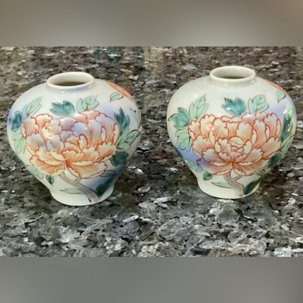 Vintage Floral Handpainted Porcelain Japanese Vases - 3.5” Pair